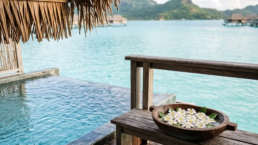 Imagen ilustrativa de Le Bora Bora by Pearl Resorts: Un resort en un motu de propiedad polinesia, con villas con piscina y el monte Otemanu al otro lado de la laguna